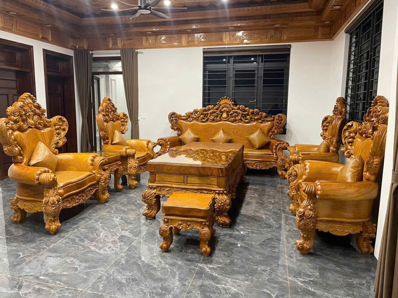 bộ ghế hoàng gia gỗ gõ đeo