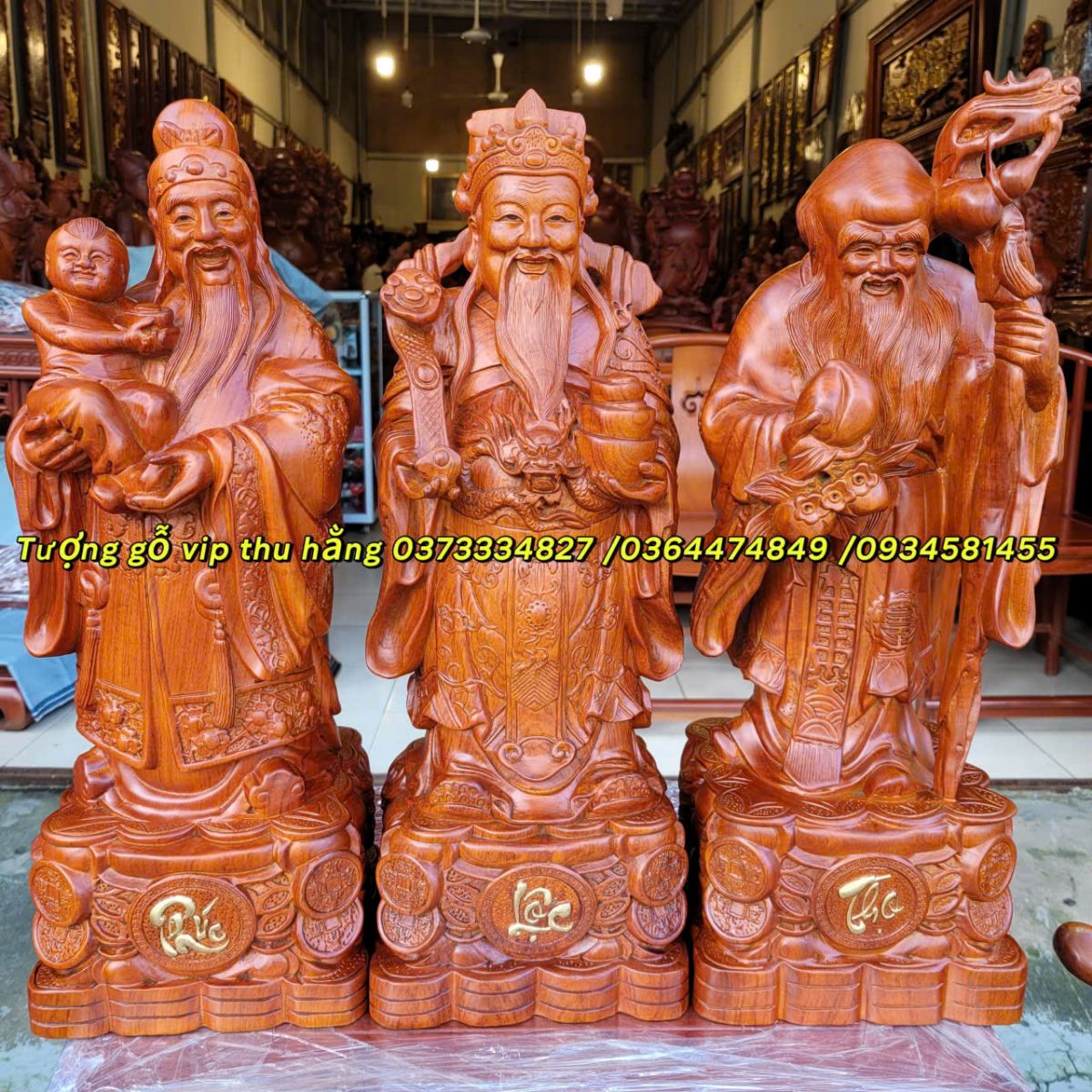 bộ tượng tam đa phuc lộc thọ gỗ hương đá