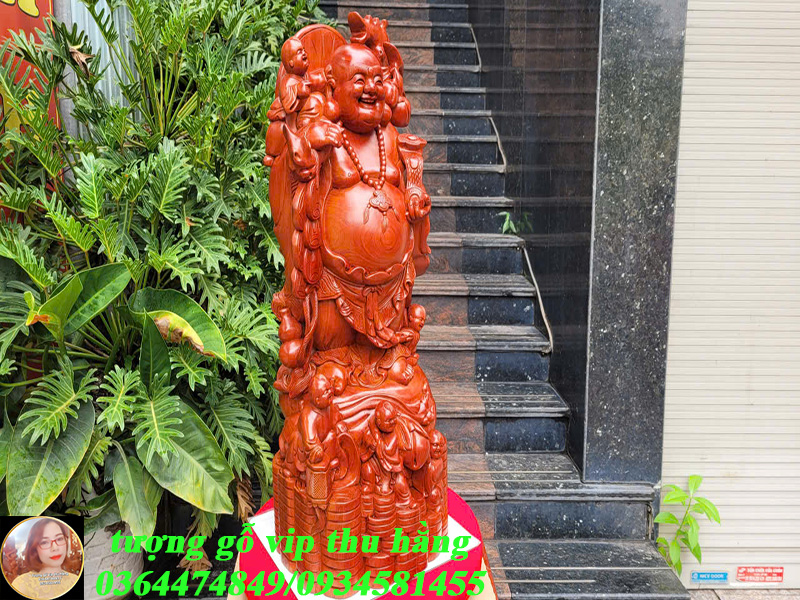 tượng di lặc ngũ phúc gánh đào gỗ hương đá