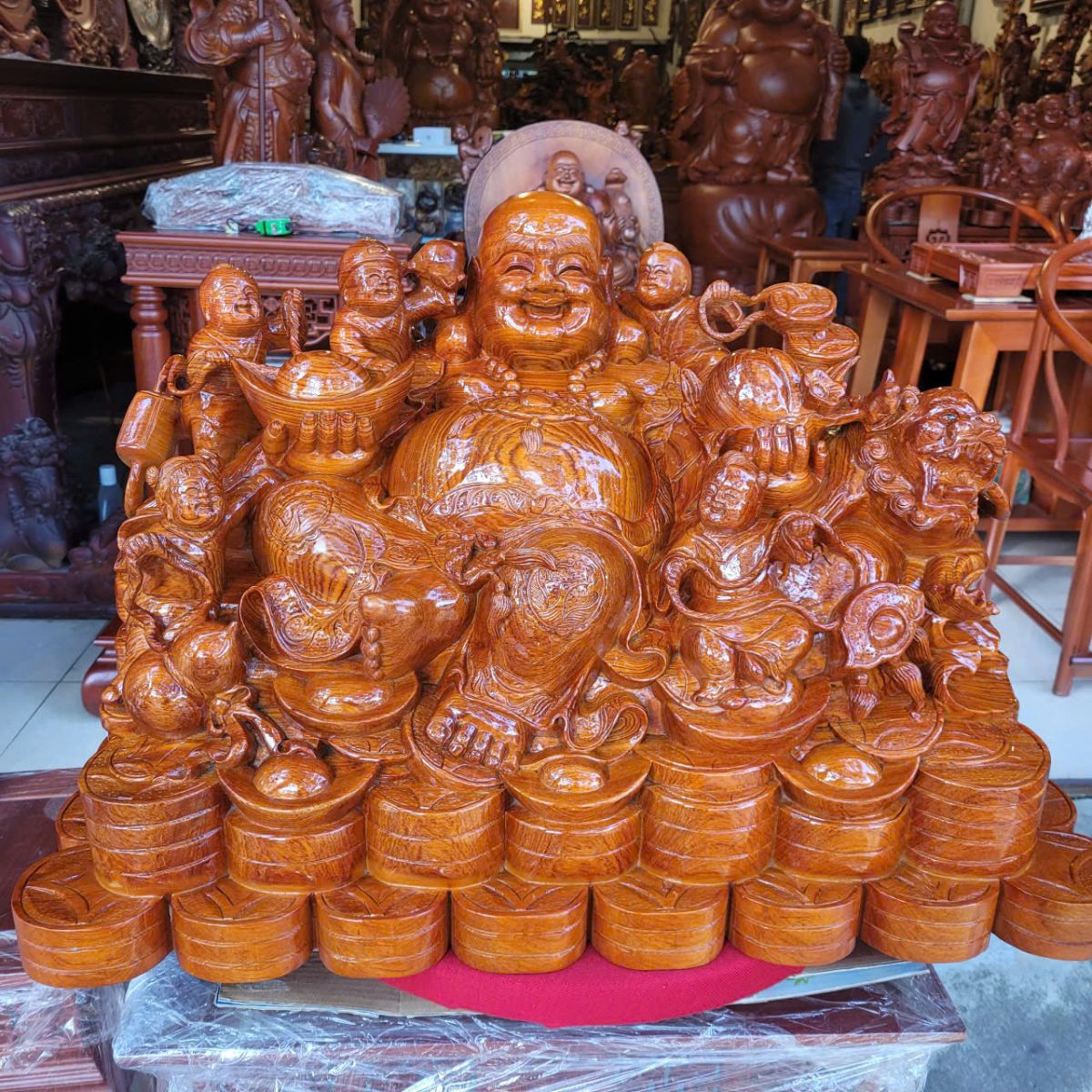 siêu tác phẩm nghẹ thuật tượng gỗ di lạc ngũ phúc trạm khắc tinh xảo