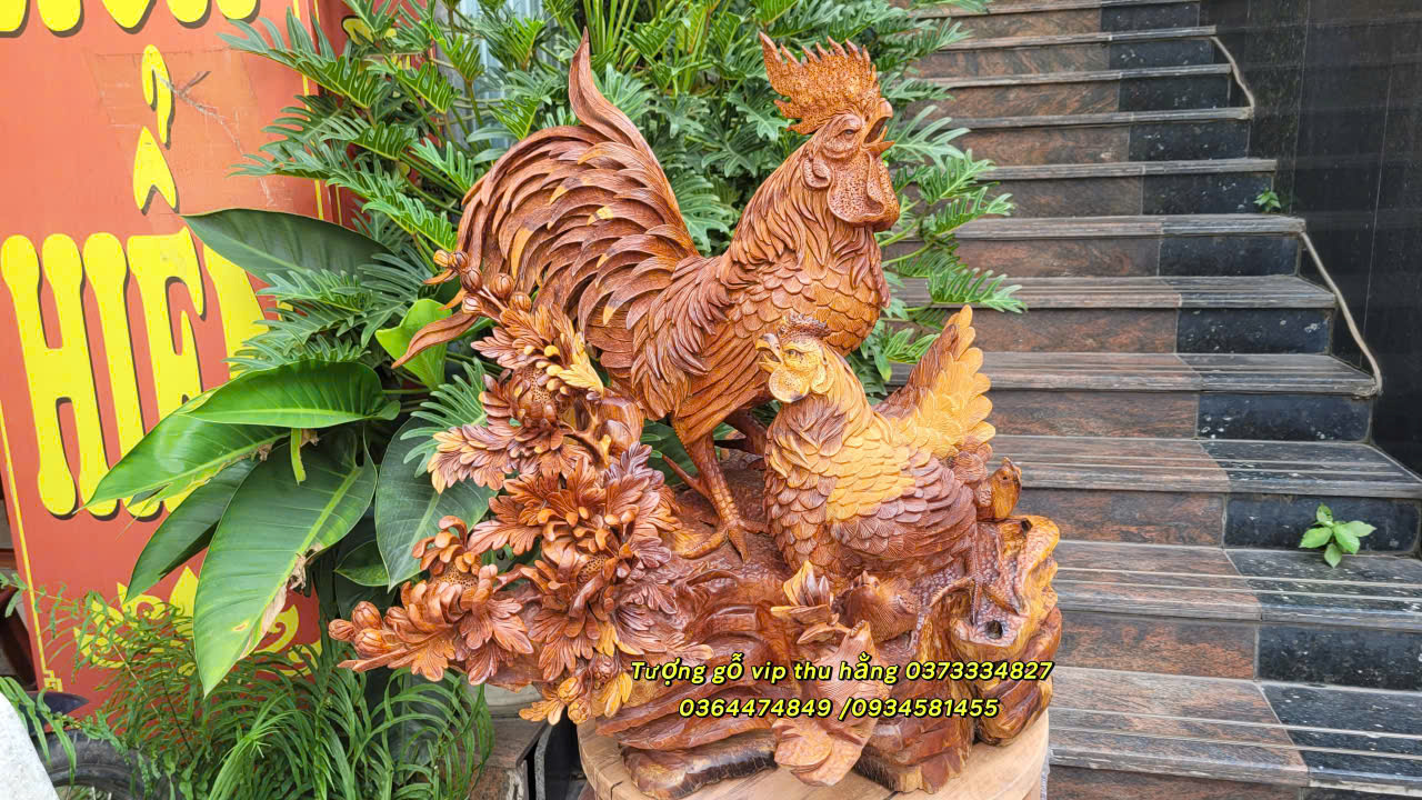 tượng gia đình gà gỗ hương ta nguyên khối