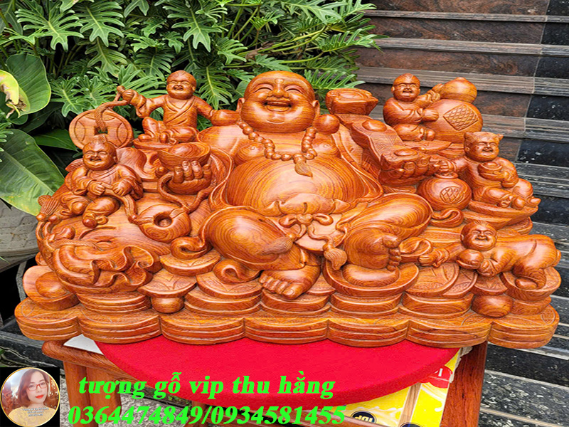 tượng di lặc ngũ phúc ngồi gỗ hương đá liền nguyên khối