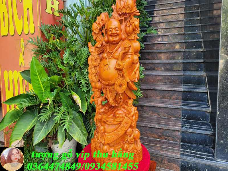 tượng di lặc ngũ phúc đứng gánh đào gỗ hương đá liền nguyên khối